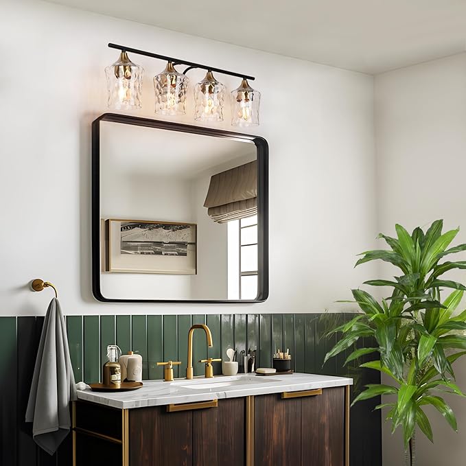 KSANA 28" Large Bathroom Vanity Lights, 4 Light Mid-Century Modern Vanity Light with Textured Glass Shade Black and Electroplated Brass Bathroom Light Fixtures for Hallway, Entryway