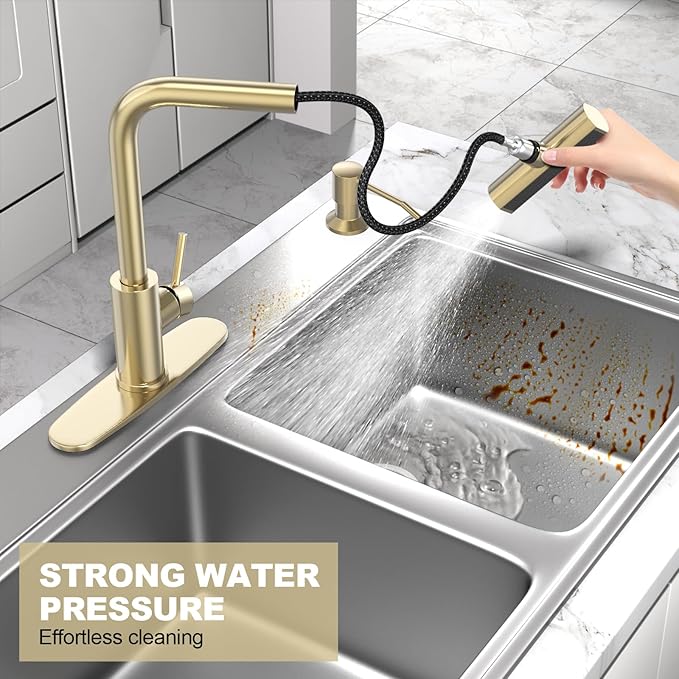 AVSIILE Brushed Gold Waterfall Kitchen Faucets with Pull Down Sprayer & Soap Dispenser, Single Hole & Handle, Pull Out Tap, Stainless Steel Sink Faucet, Suitable for Farmhouse Camper Laundry Rv Bar