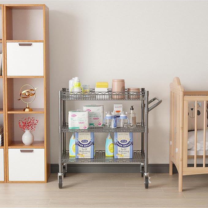 Folews Heavy Duty Rolling Cart with Wheels for Kitchen & Garage, 990LBS 3-Tier Metal Utility Cart, Adjustable Shelves & Basket, Lockable Casters, Commercial Storage Trolley, Gray