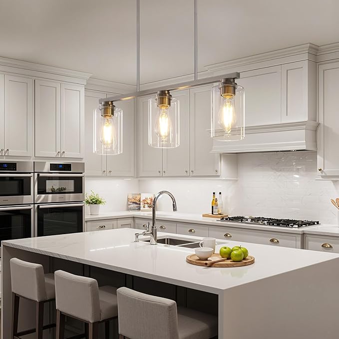Mecgirn Island Light for Kitchen, Brushed Nickel Dining Room Light Fixture Over Table, 3-Light Linear Chandelier Pendant Lighting for Dining Table Kitchen Island Living Room