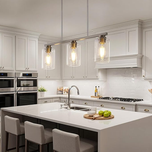 Mecgirn Island Light for Kitchen, Brushed Nickel Dining Room Light Fixture Over Table, 3-Light Linear Chandelier Pendant Lighting for Dining Table Kitchen Island Living Room