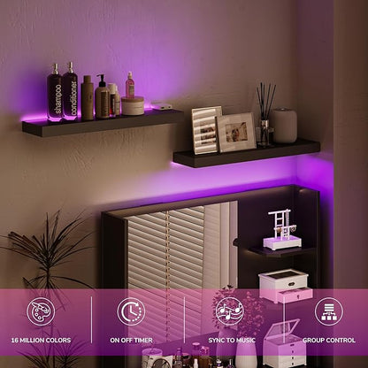BAMEOS Floating Shelves with LED for Wall, Sturdy Shelves with RGB Light, Wall Mounted Display Shelves, Set of 2, Hanging Shelf for Bathroom, Bedroom, Kitchen, Living Room Storage, Black