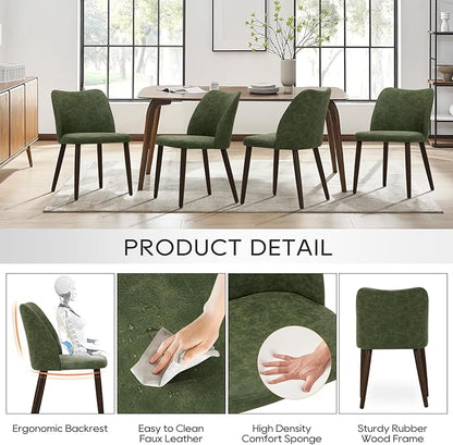 COLAMY Upholstered Dining Chairs Set of 2, Modern PU Leather Dining Room Kitchen Side Chair with Padded Seat and Wood Legs Restaurant/Cafe, Green