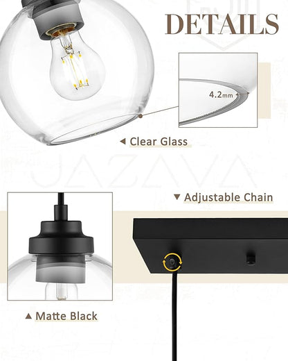 Black Island Light, 3-Light Linear Chandelier with Clear Glass, Globe Pendant Light Fixture for Dining Room Kitchen Island Living Room Pool Table, ZCPL101BK-3S