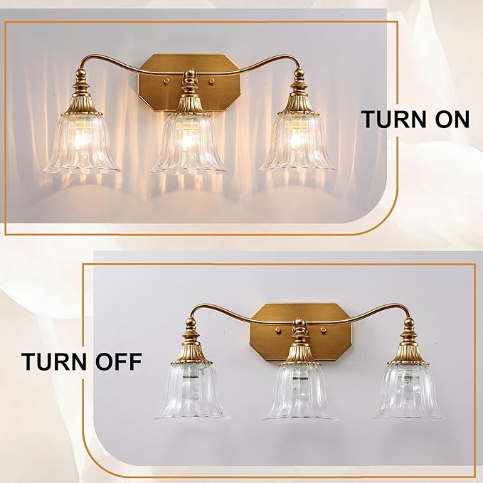 LmnLvn Gold Bathroom Vanity Light Fixture, 3 Lights Bathroom Lighting Matte Antique Brass Finish with Crystal Glass Shade, Gold Vintage Vanity Light for Bathrooms