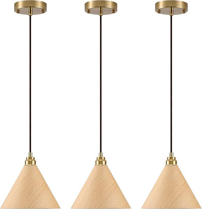3 Pack Pendant Lights Kitchen Island, 8.3” Modern Pendant Light, Adjustable Height Wood Hanging Light, Kitchen Island Light fixtures for Dining Room, Bedroom, Hallway, Bar(Natural Wood)