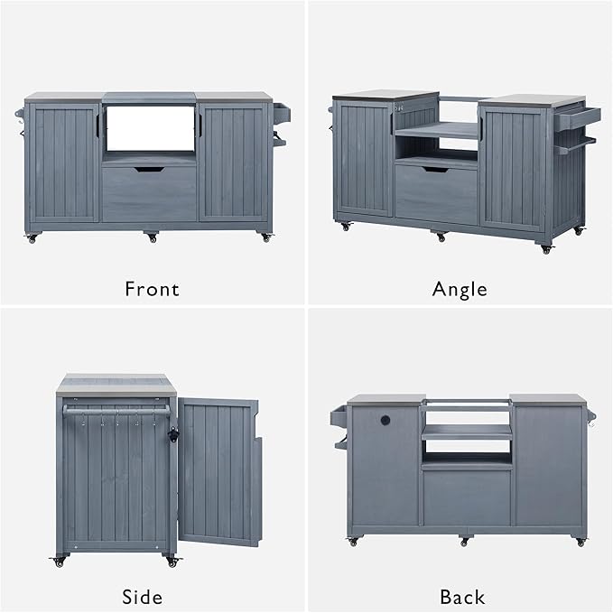 YOPTO Versatile 66.5" Outdoor Grill Cart for Big Green Egg,100% Fir Wood,Stainless Steel Top,Ample Storage,Weatherproof,6 Lockable Wheels,Grey Blue