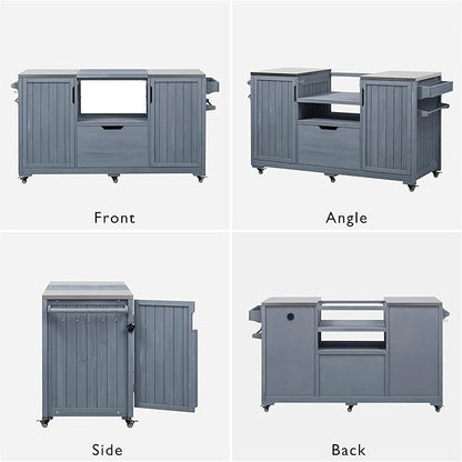 YOPTO Versatile 66.5" Outdoor Grill Cart for Big Green Egg,100% Fir Wood,Stainless Steel Top,Ample Storage,Weatherproof,6 Lockable Wheels,Grey Blue