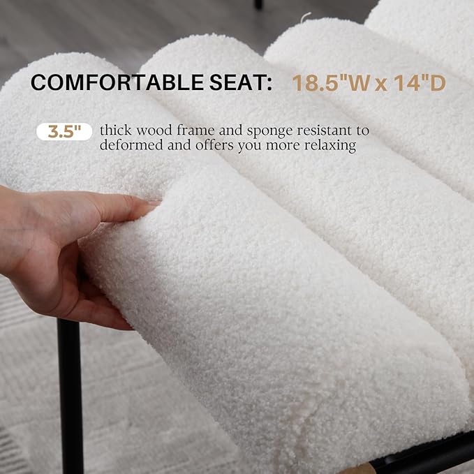 White Boucle Bar stools Set of 2, 25” Modern Upholstered Counter stools with Black Metal Legs, Sherpa Counter Height Chairs for Kitchen Island Armless Stool with Channel Tufted Back