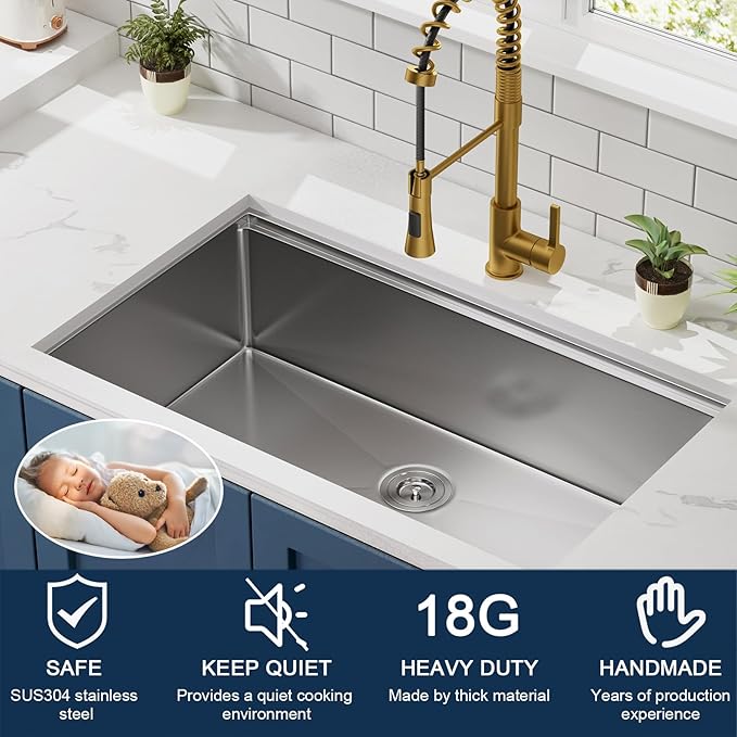 32-inch Undermount Kitchen Sink - CELAENO Single Bowl Stainless Steel Kitchen Sink 18 Gauge,Workstation R10 Radius Handmade 9 Inch Deep Kitchen Sink with Ledge