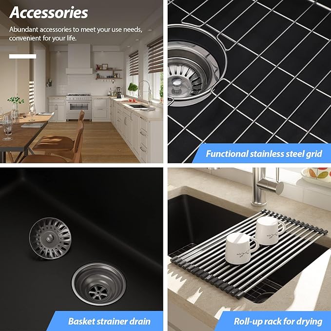 Lordear 31 Black Kitchen Sink Double Bowl Quartz Undermount Kitchen Sink Granite Composite Metallic Black Deep Double Bowl 50/50 Kitchen Sinks with Accessories