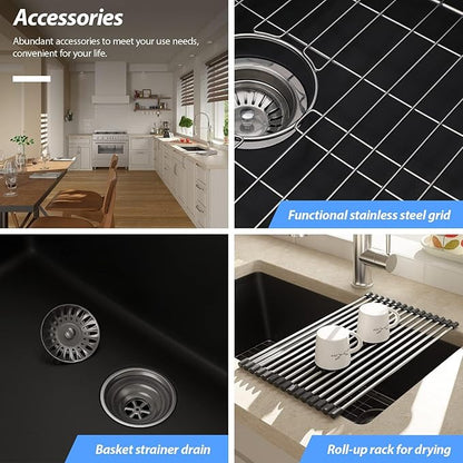 Lordear 31 Black Kitchen Sink Double Bowl Quartz Undermount Kitchen Sink Granite Composite Metallic Black Deep Double Bowl 50/50 Kitchen Sinks with Accessories