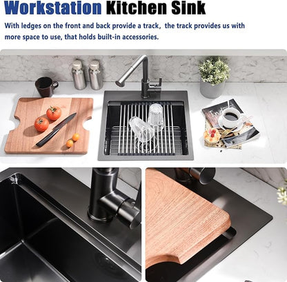 21x20 Drop In Black Bar Sink and Faucet Combo - 21 Inch Black Stainless Steel Drop In Kitchen Sink Workstation, 9 Inch Deep Wet Bar Sink Single Bowl with Accessories
