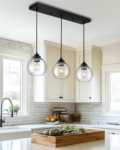 Black Island Light, 3-Light Linear Chandelier with Clear Glass, Globe Pendant Light Fixture for Dining Room Kitchen Island Living Room Pool Table, ZCPL101BK-3S