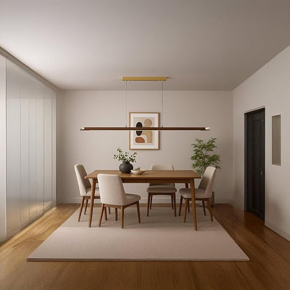 47" Wood Linear Pendant Light, Modern Wabi-Sabi Chandelier with Handcrafted Walnut & Brass, 3 Color Temperatures (3000K-6000K), Hanging Light Fixture for Dining Room, Kitchen, Bedroom