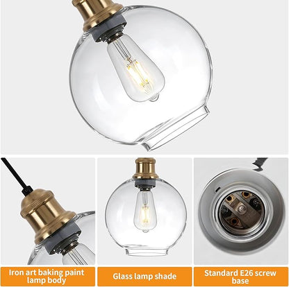 Modern Globe Pendant Light, 8 Inch Clear Glass Hanging Lamp with Brushed Gold Finish, Adjustable Cord Ceiling Fixture for Kitchen Island Dining Room Sink, E26 Base