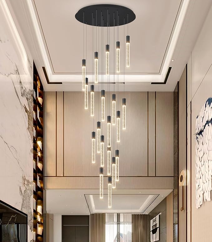 HAIXIANG 13 Foot High Ceiling Chandelier for Entryway Modern Crystal Lights for Living Room Foyer Flush Mount Sloping Ceiling Pendant Light Fixture Remote Dimmable 20-Lights Black