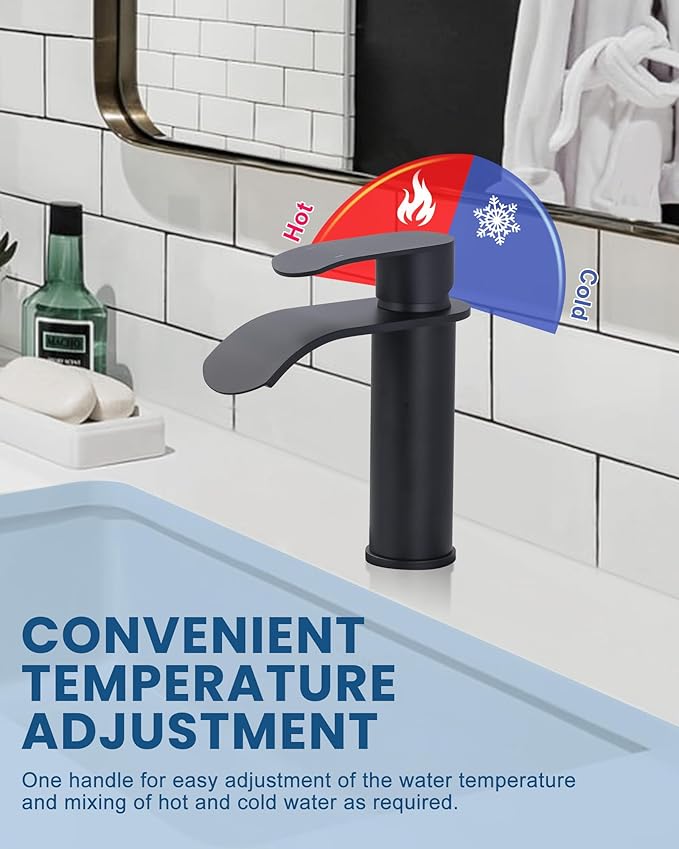 WOWOW Waterfall Bathroom Faucet Matte Black: Bathroom Sink Faucet for 1 Hole or 3 Holes, Single Handle Vanity Faucet with Pop up Drain, Stainless Steel Basin Sink Tap for RV Lavatory