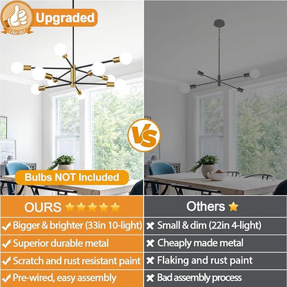32" Modern Chandelier Ceiling Light Fixture, 10-Light Sputnik Chandeliers Brushed Gold and Black Dining Room Light Fixture, Height Adjustable Chandeliers for Dining Room Living (Bulbs Not Included)