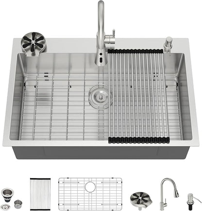 33 Drop In Kitchen Sink - Beslend 33x22 Kitchen Sink Drop In with Pull-Out Faucet, Stainless Steel Sinks and Soap Dispenser Topmount 16 Gauge Single Bowl Above Counter Dish Basin 9" Deep
