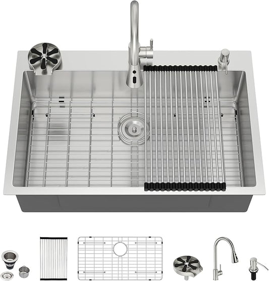 30 Drop In Kitchen Sink - Beslend 30x22 Kitchen Sink Drop In with Pull-Out Faucet, Stainless Steel Sinks and Soap Dispenser Topmount 16 Gauge Single Bowl Above Counter Dish Basin 9" Deep