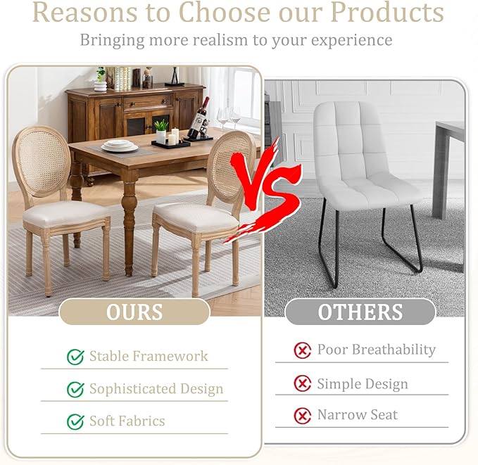 Linen Wooden Dining Chair Set of 2, Upholstered Farmhouse Dining Chair with Solid Wood Frame, Kitchen & Dining Room Chairs for Living Room, Restaurant, Bedroom (Beige-Rattan, Set of 2)