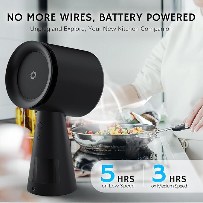 AIRTHEREAL Portable Range Hood with Rechargeable Battery, 3-Speed Suction Desktop Exhaust Fan, Tabletop Smoke Extractor for Indoor BBQ, Hibachi, RV, Apartment, and Dorm, RH180B Black