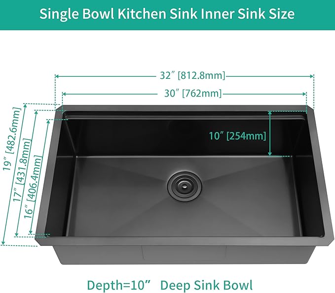LQS Black Undermount Kitchen Sink, 32 Inch Undermount Kitchen Workstation Sink with X-Shaped Drain Line, 10 Inch Deep Single Bowl Black Kitchen Sinks For Modern Kitchen