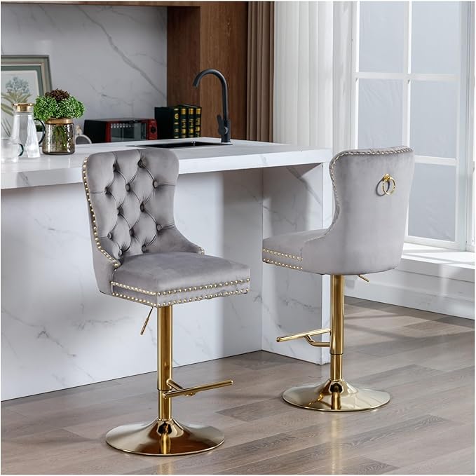 Thick Golden Swivel Velvet Barstools Adjusatble Seat Height from 27-35 Inch, Modern Upholstered Bar Stools with Backs Comfortable Tufted for Home Pub and Kitchen Island,for Living Room