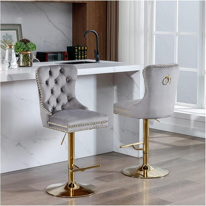 Thick Golden Swivel Velvet Barstools Adjusatble Seat Height from 27-35 Inch, Modern Upholstered Bar Stools with Backs Comfortable Tufted for Home Pub and Kitchen Island,for Living Room