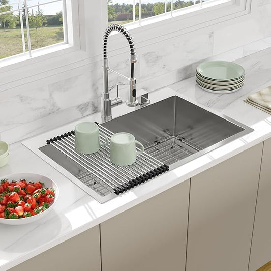 33 Drop In Kitchen Sink - Beslend 33x22 Inch Single Bowl Kitchen Sinks Stainless Steel Topmount Basin 16 Gauge Handmade Top Mount Sink