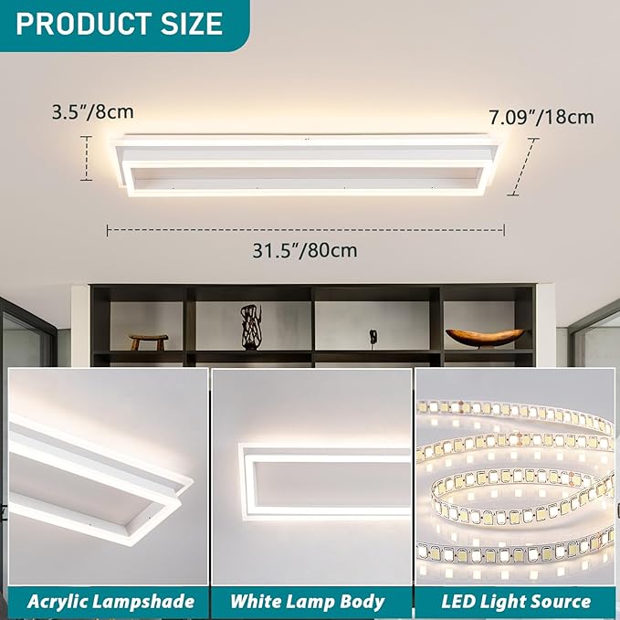 Dimmable Led Ceiling Light with Remote Control 31.5in Modern Linear Flush Mount Ceiling Lighting Fixture Acrylic Long Ceiling Lamp for Living Room Kitchen Dining Room Hallway (White, 2 Packs)