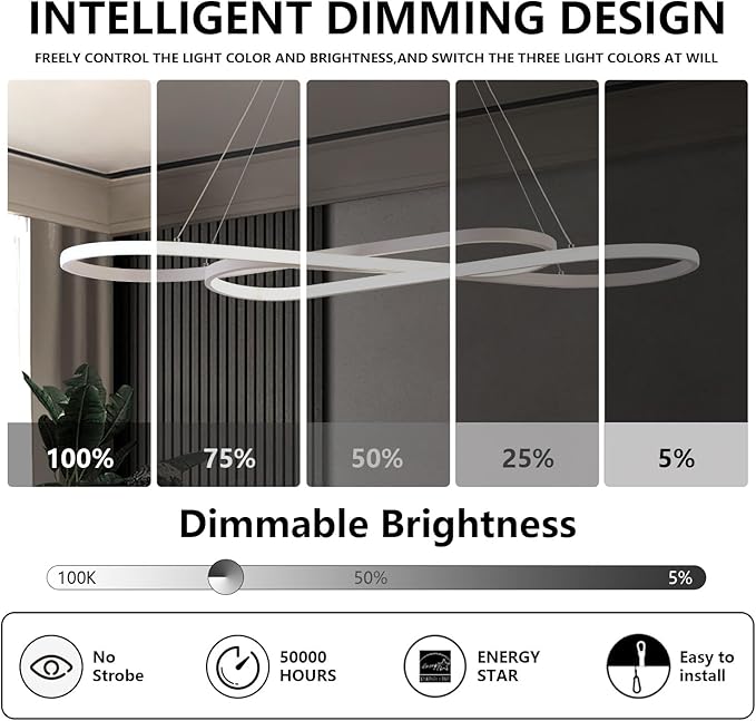 Led Pendant Light for Kitchen Island Lighting Modern Chandelier for Dining Room Light Fixture Dimmable with Remote Control 3000K-6500K Color Changing