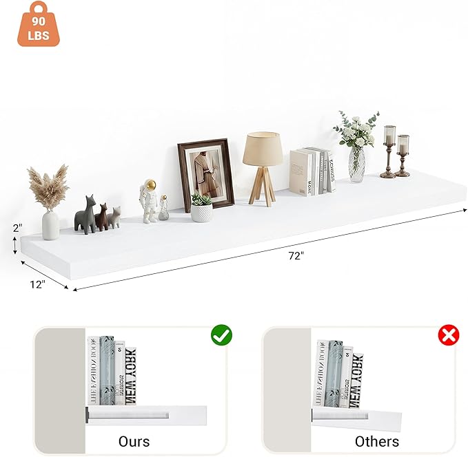 Heimlove 12 Inch Deep Floating Shelves, 72 x 12 Inches Long Wall Shelf, Large Extra Display & Storage Shelf, Rustic Wood Wall Shelves for Fireplace Mantel, White, 1 Pack