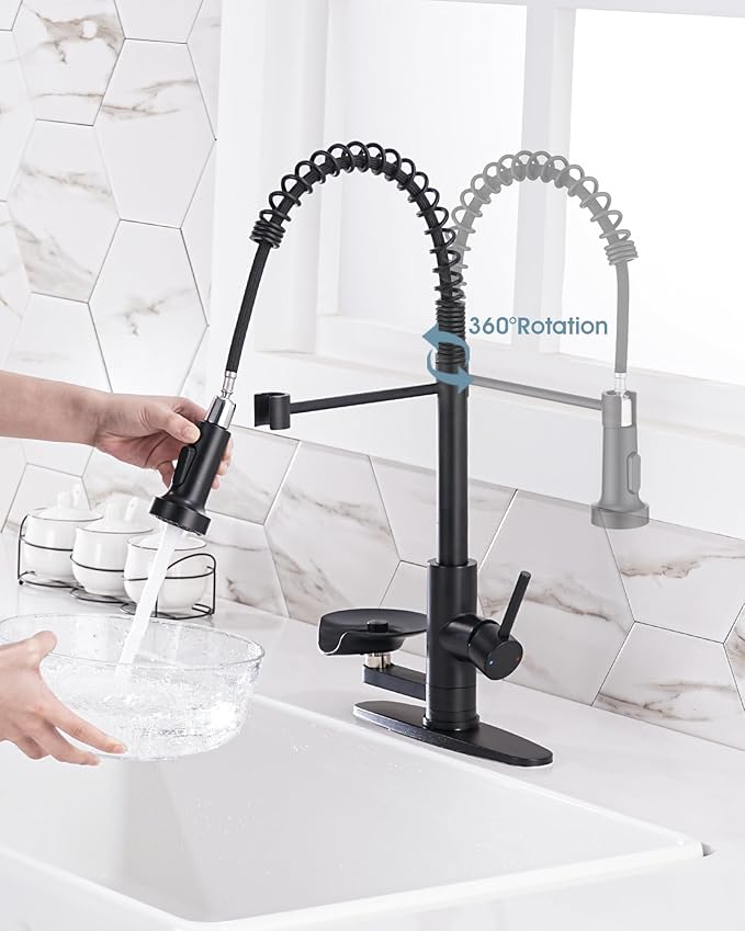 Kitchen Sink Fuacet with Glass Rinser, Single Handle Kitchen Faucet with Pull Down Sparyer, 304 Stainless Steel, Deck Plate, Matte Black