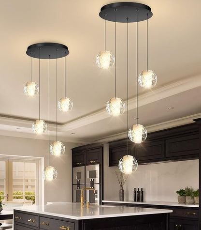 HAIXIANG 5 Lights Globe Chandelier Modern Crystal Glam Light LED Warm Light Pendant Lights for Dining Room Kitchen Island Black Lighting Fixture