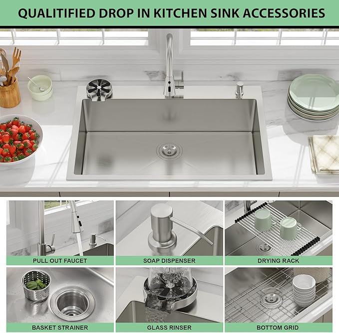 33 Drop In Kitchen Sink - Beslend 33x22 Kitchen Sink Drop In with Pull-Out Faucet, Stainless Steel Sinks and Soap Dispenser Topmount 16 Gauge Single Bowl Above Counter Dish Basin 9" Deep