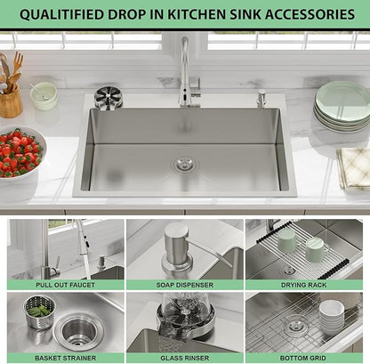 33 Drop In Kitchen Sink - Beslend 33x22 Kitchen Sink Drop In with Pull-Out Faucet, Stainless Steel Sinks and Soap Dispenser Topmount 16 Gauge Single Bowl Above Counter Dish Basin 9" Deep