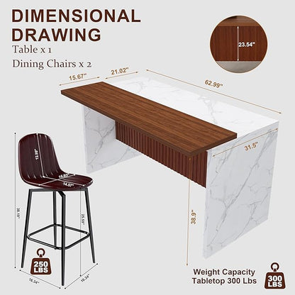 62.99" Modern Kitchen Island Set (White + Walnut) with 2 Dark Brown Bar Stools - Marble-Look MDF Surface, Adjustable LED Lights (3 Color Temps), Grille Design，Seats 4 for Dining/Lounge
