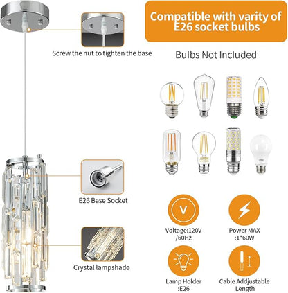 LMQNINE Pendant Lights Modern Chrome Pendant Light Mini Crystal Chandelier Pendant Lighting for Kitchen Island Dinning Room Bedroom Kitchen Sink Lighting (Chrome 2-Pack)