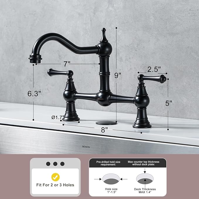 WOWOW Bridge Faucet for Kitchen Sink 2 or 3 Holes, Solid Brass Bridge Kitchen Faucet Oil Rubbed Bronze, 8 Inch Centerset Victorian Farmhouse Kitchen Sink Faucet