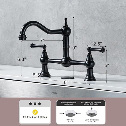 WOWOW Bridge Faucet for Kitchen Sink 2 or 3 Holes, Solid Brass Bridge Kitchen Faucet Oil Rubbed Bronze, 8 Inch Centerset Victorian Farmhouse Kitchen Sink Faucet