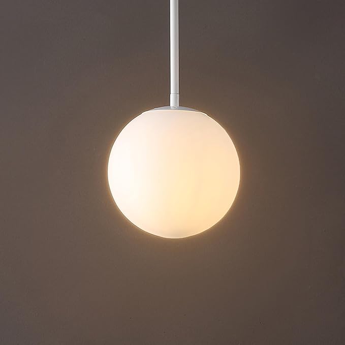 JONATHAN Y 7.75" White Modern Globe LED Pendant Light, Industrial Hanging Ceiling Lamp for Kitchen Island, White Glass Globe Shade, LED Bulb Included (JYL9528E)