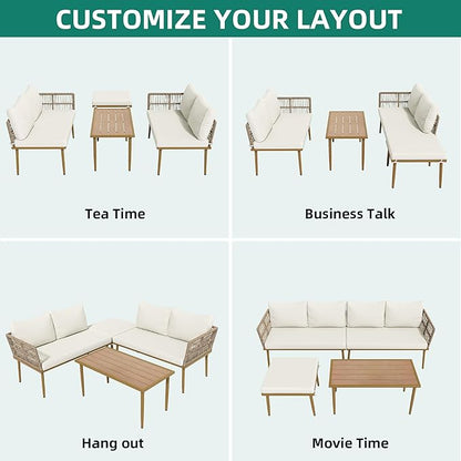 YITAHOME Patio Furniture Set, 6 Pieces Outdoor Rattan Woven Sectional Sofa Patio Loveseat with Ottoman and and Side Table, Conversation Set for Backyard, Porch, Boho - Beige