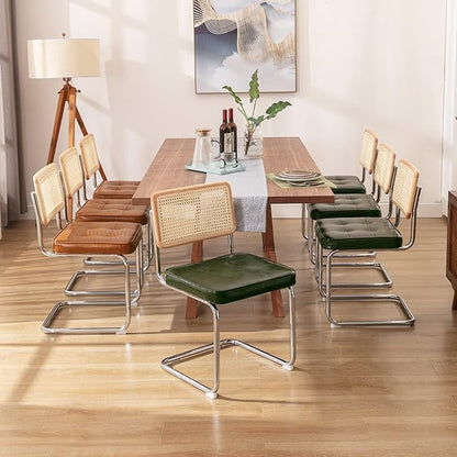 Zesthouse Natural Rattan Dining Chairs Set of 4, Modern Dining Room Chairs with Solid Wood Back for Kitchen Living Room, Mid Century Breuer Design Inspired, Upholstered Faux Leather Green