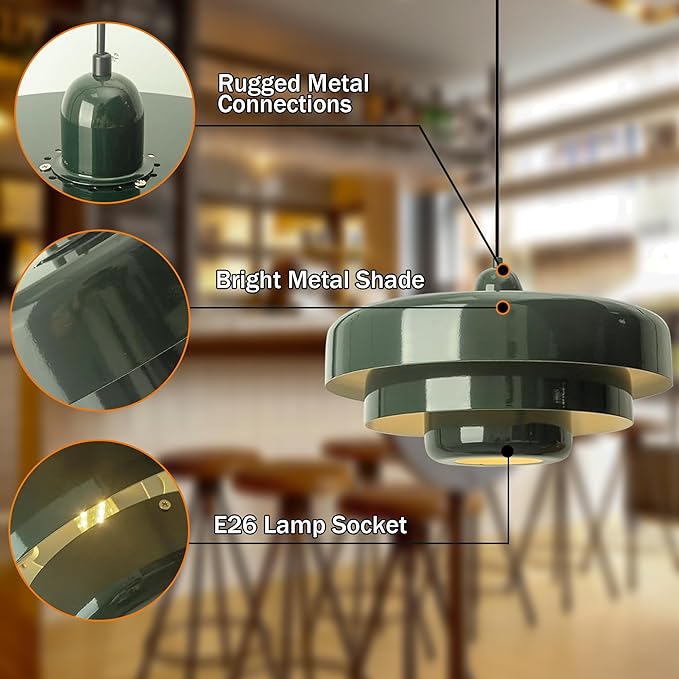 Plug-in Green Pendant Light Fixtures, 16FT Hanging Lights with Plug in Cord 3-Layer Shade Mid Century Modern Hanging Lamp Pendant Lighting for Bedroom Dining Room Living Room