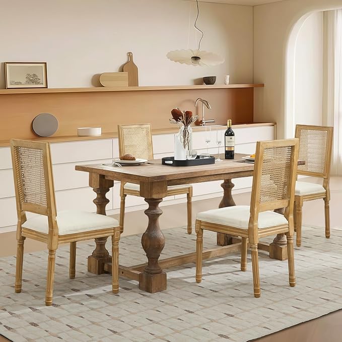 SoarFlash French Dining Chairs Set of 4, Vintage Dining Chairs with Rattan Backrest, Wooden Framehouse Chairs for Living Room, Kitchen, Restaurant, Beige