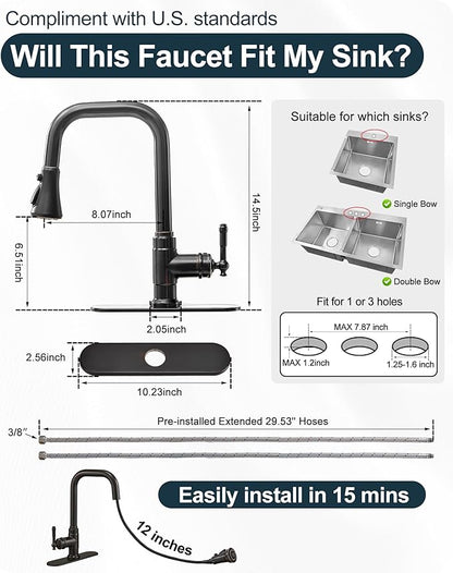 3 Modes Oil Rubbed Bronze Kitchen Faucet with Pull Down Sprayer, 360 Degree Swivel Kitchen Sink Faucets Suit 1 Hole or 3 Hole Include Deck Plate & Hoses