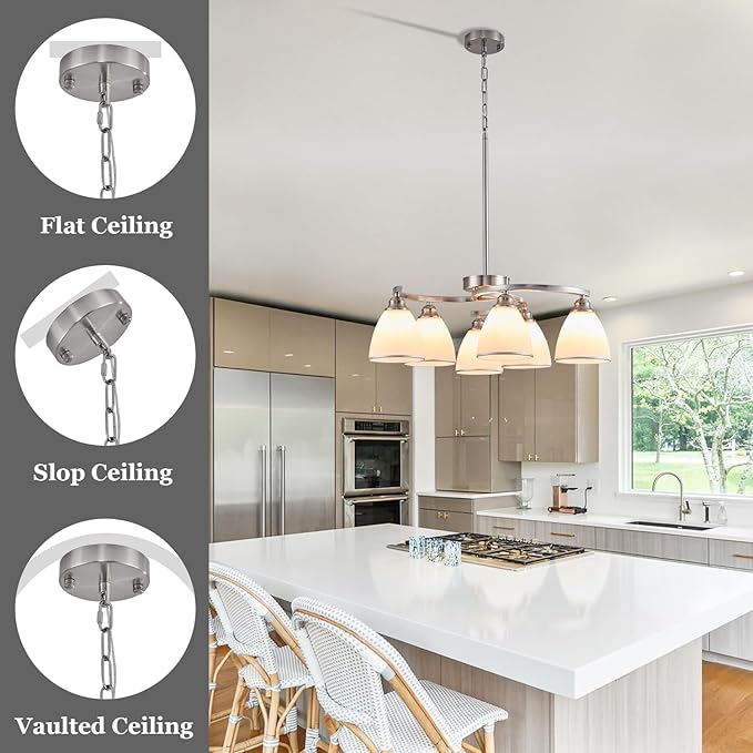 6-Light Brushed Nickel Chandelier Modern Farmhouse Dinner Room Light Fixture with Frosted Glass Lampshade, Rustic Round Adjustable Ceiling Pendant Light for Living Room, Over Table, Kitchen Island
