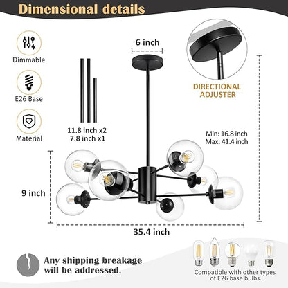 Bagood 8-Light Globe Sputnik Chandelier Mid Century Sputnik Chandeliers Modern Black Chandelier with Clear Globe Pendant Light Clear Glass Adjustable Hanging Ceiling Light for Living Dining Room